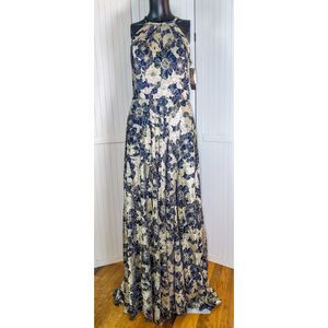 Betsy & Adam Gold Navy Floral Metallic Maxi Dress Halter Formal Sz 10 NWT